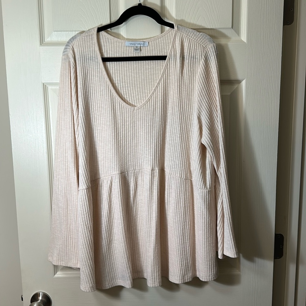 Cream Tunic, ribbed, long sleeve 1X